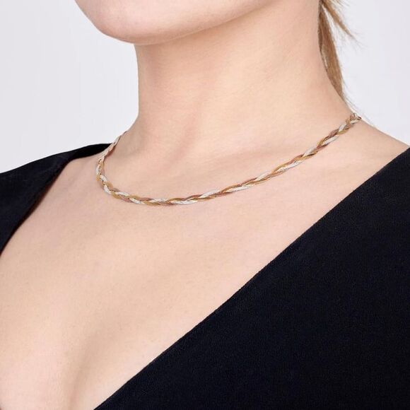 Fine Italian 18k 925 Tri-Color Herringbone Braided Necklace - Picture 3 of 8